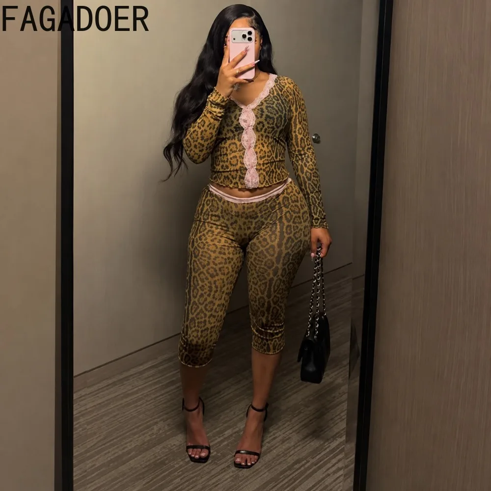 FAGADOER Women Leopard Mesh 2 Piece Set Lace Patchwork Trim V Neck Buttons Long Sleeve Crop Top+Capri Pants Matched Streetwear