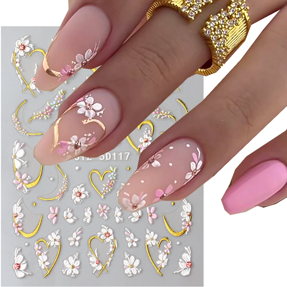 5D Embossed White Floral Gold Line Sliders Spring Pink Flowers Nail Stickers DIY Simple Petals Wedding Nails Decals Accesories