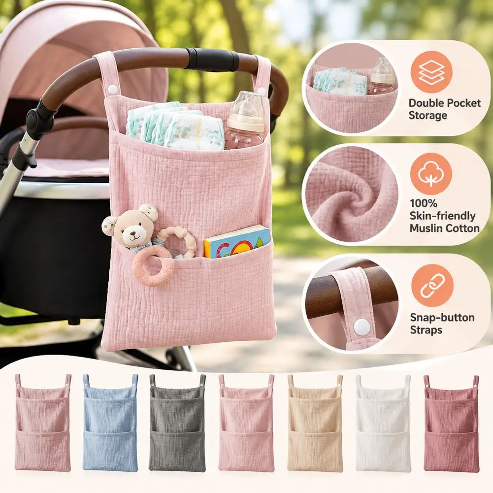 Double Layer Cotton Baby Storage Organizer Bag Dual Separate Pockets Crib Hanging Design Wall Mount Nursery Storage Pouch