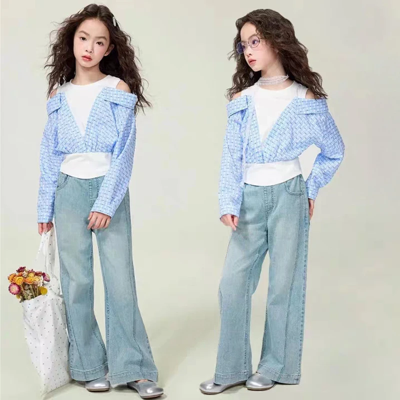 2026 Spring Autumn New Girls Clothing Set Grid Off-Shoulder False Two-Piece Top+Jeans 2Pcs For 4-12Y Teen Girls Fashion Outfit