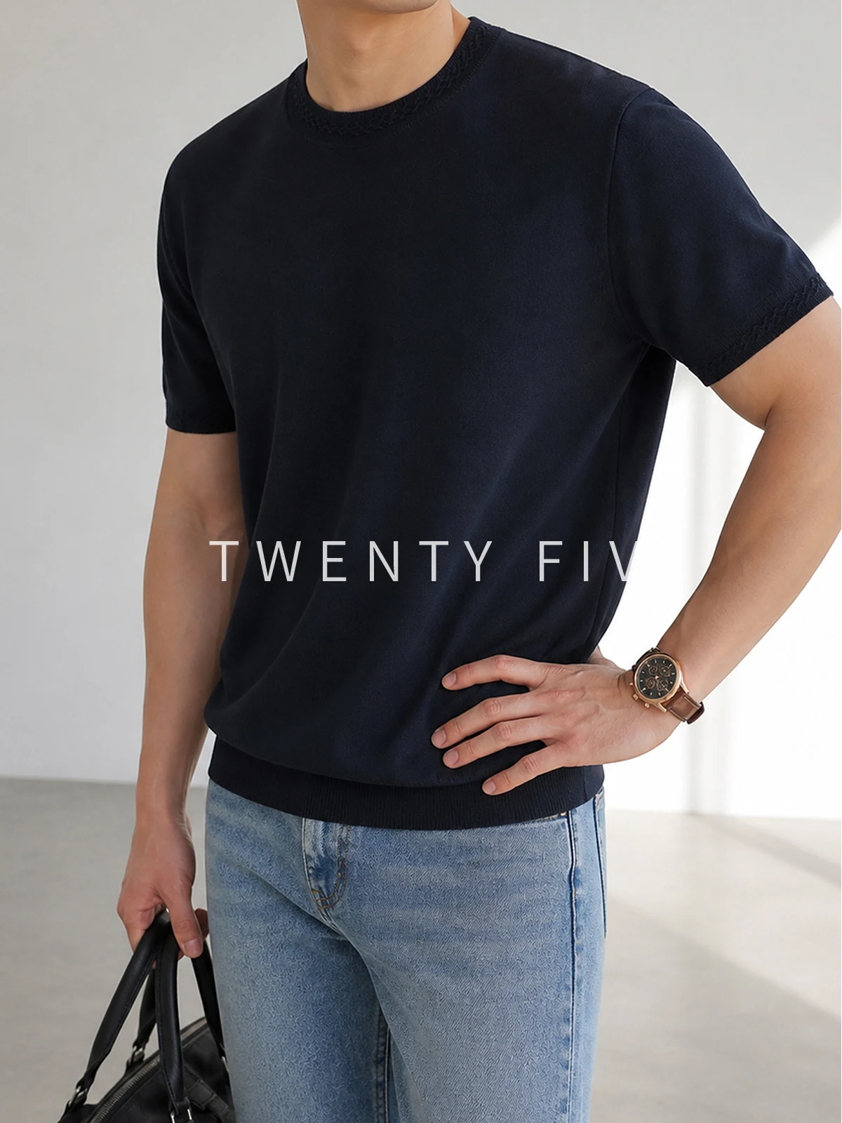 Light Business Men's Short Sleeve Knitted Casual Wear Silk Wool Blend round Neck T-Shirt Comfortable Breathable Standard Fit