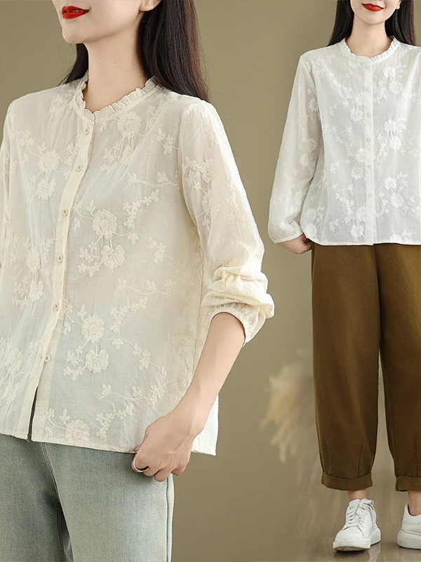 

Lace Embroidered Pure Cotton Loose Women's irt Large Size Versatile Base Layer with Wood ain for Daily Wear