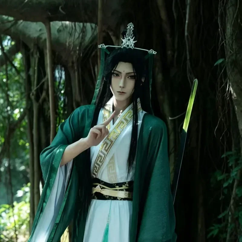 Costume de cosplay de Shen Qingqiu, personnage du système de survie de Villain, robe Hanfu ancienne, perruque, éventail, chaussures et accessoires pour fête d'Halloween.