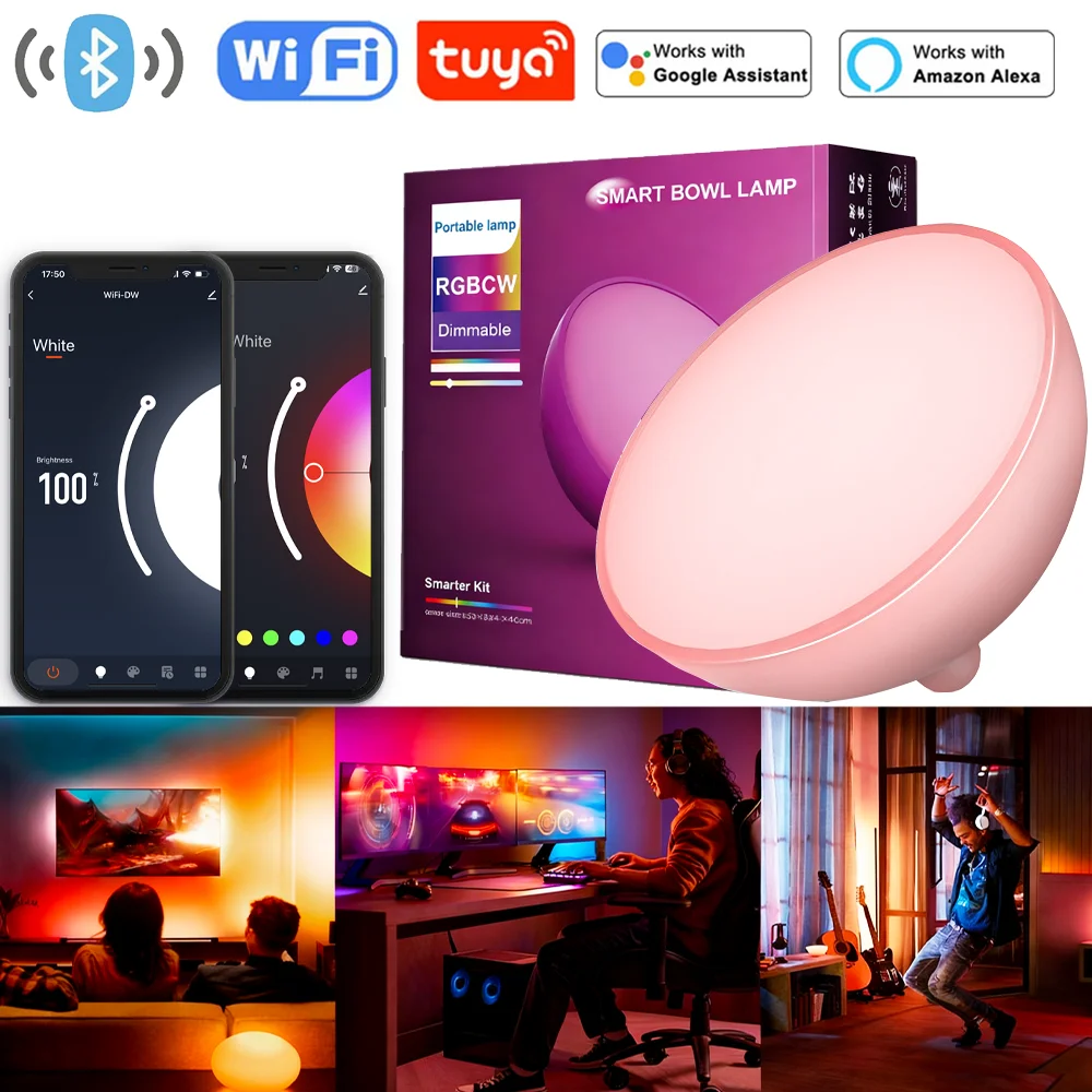 

Tuya WiFi+Bluetooth Desktop Small Night Bowl Lamp Smart Portable Dimmable Table Lamp RGB Atmosphere Light for Bedroom Game Room