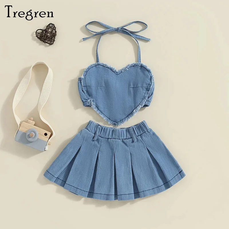 

Tregren 1-6Y Kids Girls Denim Clothes Summer Sleeveless Halter Neck Heart Vest Tops + Pleated Skirt 2pcs Set Toddler Outfits