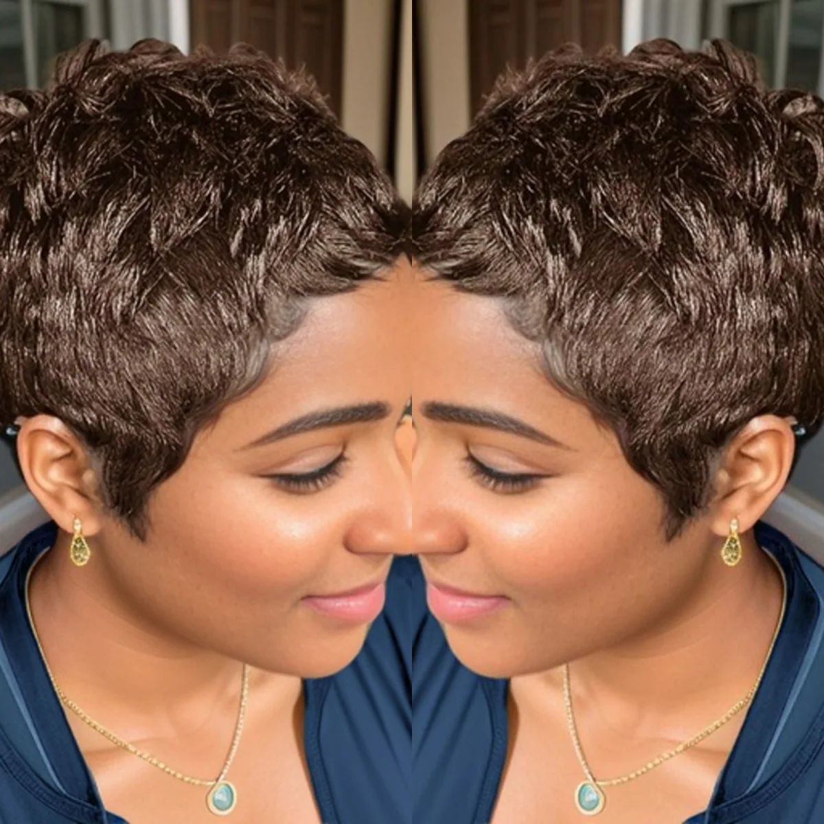 앞머리가 있는 짧은 인모 픽시컷 가발, 픽시 풀 머신메이드 가발