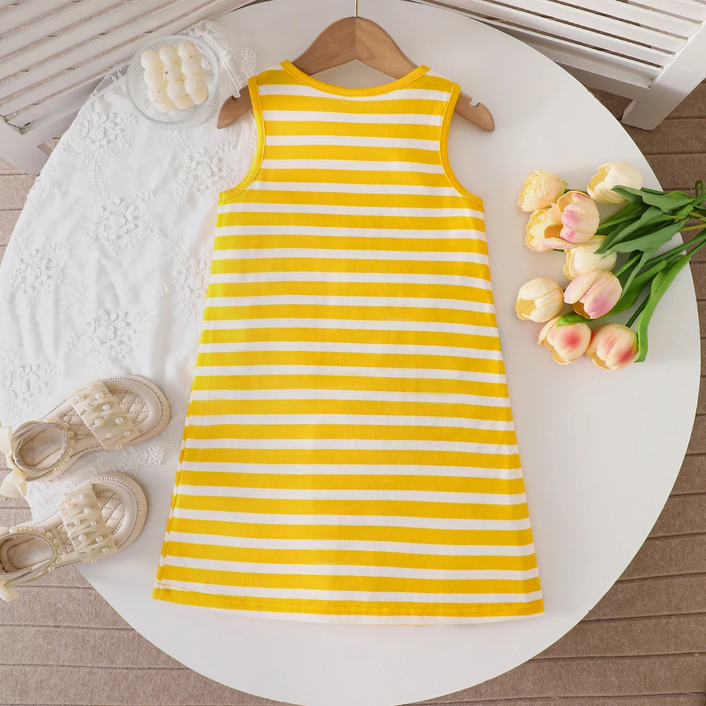 Girls' Summer Striped Lemon Print Lace Sleeveless Vest Casual Dress