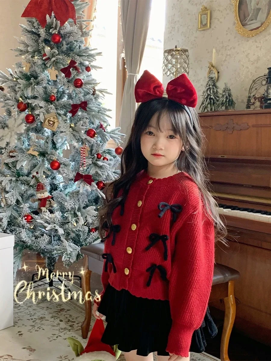 Autumn Winter Baby Sweater Button Cardigan Long Sleeve Knit Coat Sweet Girls Red Christmas New Year Kids Clothing 2-7Y