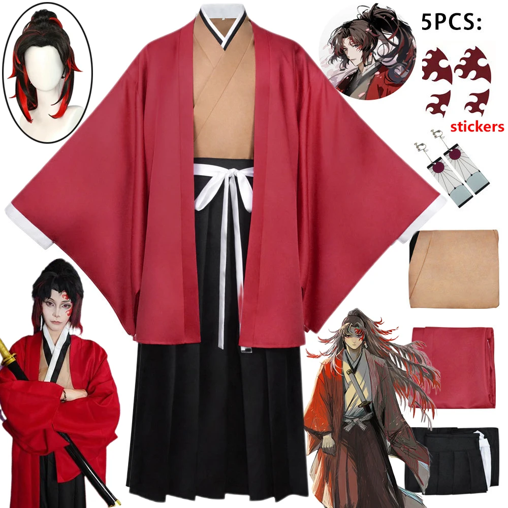 

Anime Tsugikuni Yoriichi Cosplay Costume Sticker Demon Red Japanese Kimono Slayer Full Set Halloween Carnival Uniforms Men Cos
