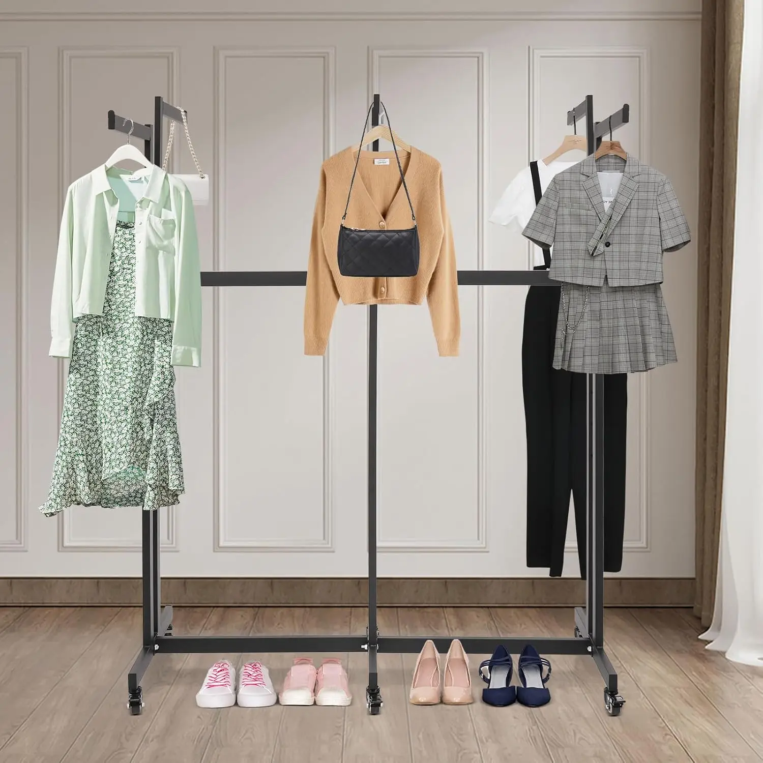 

62in-Retail Clothing&Garment Display Rack W/Wheels, Adjustable Black Boutique Dress Rack,Multi Rod Display Hanging Rack for Home