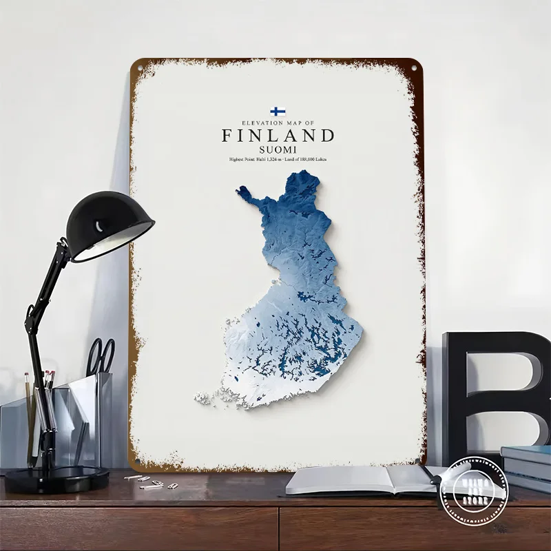 Finland Elevation Map Personalized 3D Textured Metal Poster Wall Art Tinplate Sign for Room Decorations Man Garage Accessories
