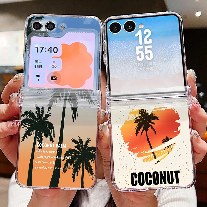 Seaside Coconut Tree Pattern Folding Phone Case For Samsung Galaxy Z Flip 7 6 5 4 3 5G Flip7 Flip6 Clear Shockproof Hard Cover