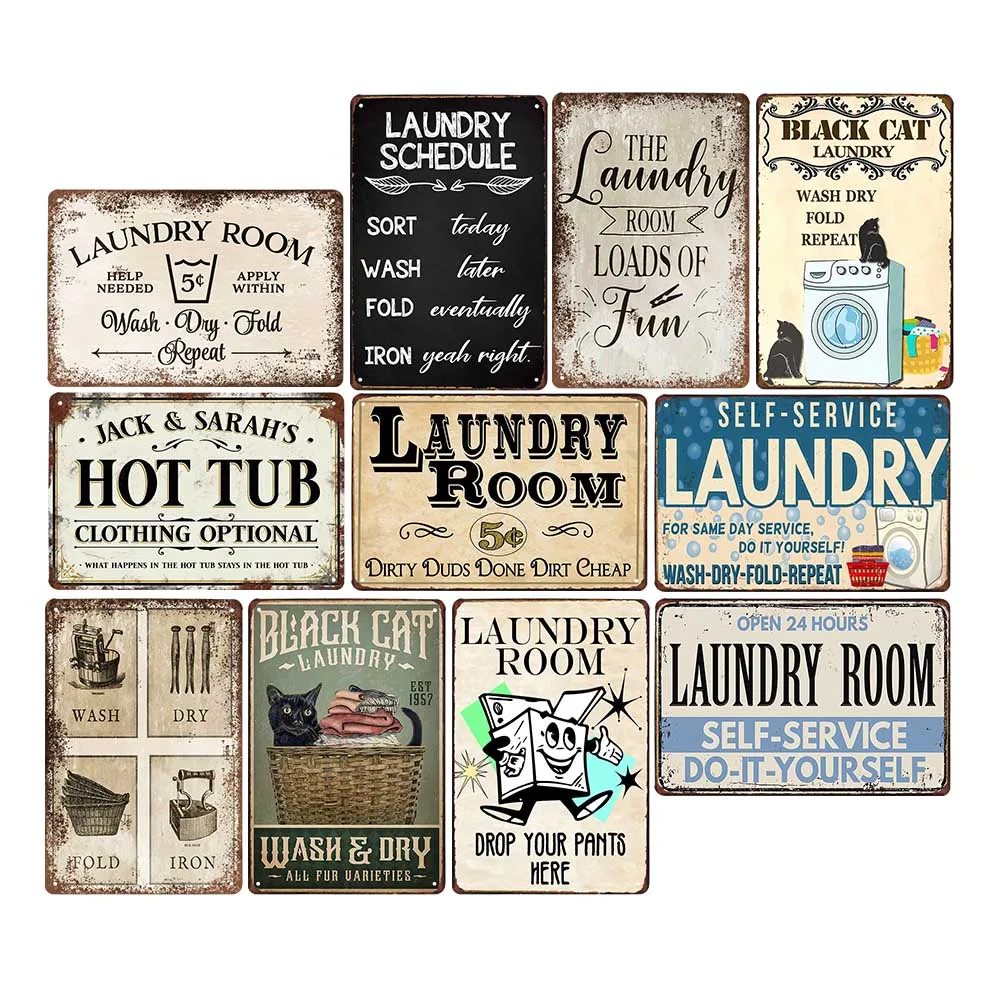 

Laundry Room Retro Plaque Signs Tin Painting Sign Hot Tub Bathroom Metal Poster Wall Stickers Vintage Home Decor Plates 20x30cm