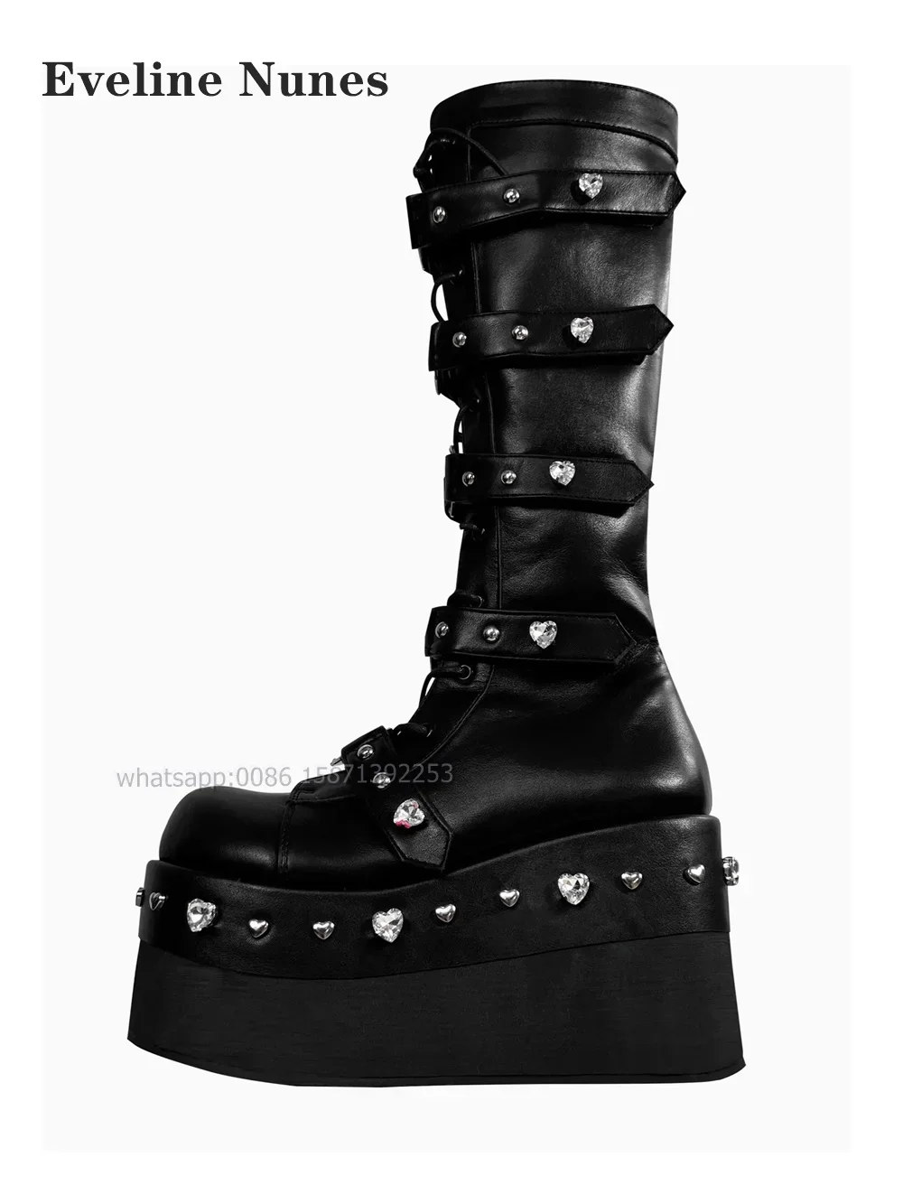 Heart-Shaped Rhinestone Platform Booty Round Toe Height Increasing Cross Tied Belt Buckle Knee High Boots Zip Spicy Girl Shoes
