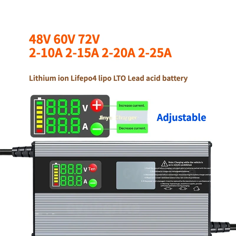 

48V 20A 60V 25A 72V Adjustable Charger For 48V 58.4V 10A 54.6V 87.6V 84V 67.2V 15A 73V 20A Lifepo4 Battery Li ion 18650 battery