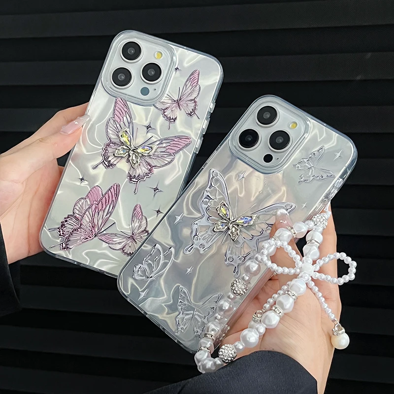 Luxury Butterfly Laser Glitter Chain Phone Case For iPhone 15 Pro Max 16 14 13 12 11 X XS 7 8 Plus Fashion Soft Shockproof Cover