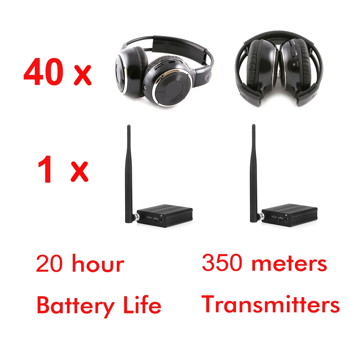 Silent Disco Headphones 500m Distance Package for Parties Conference Education ( 40 Fold Receiers and 1/2/3 Pcs Transmitter)