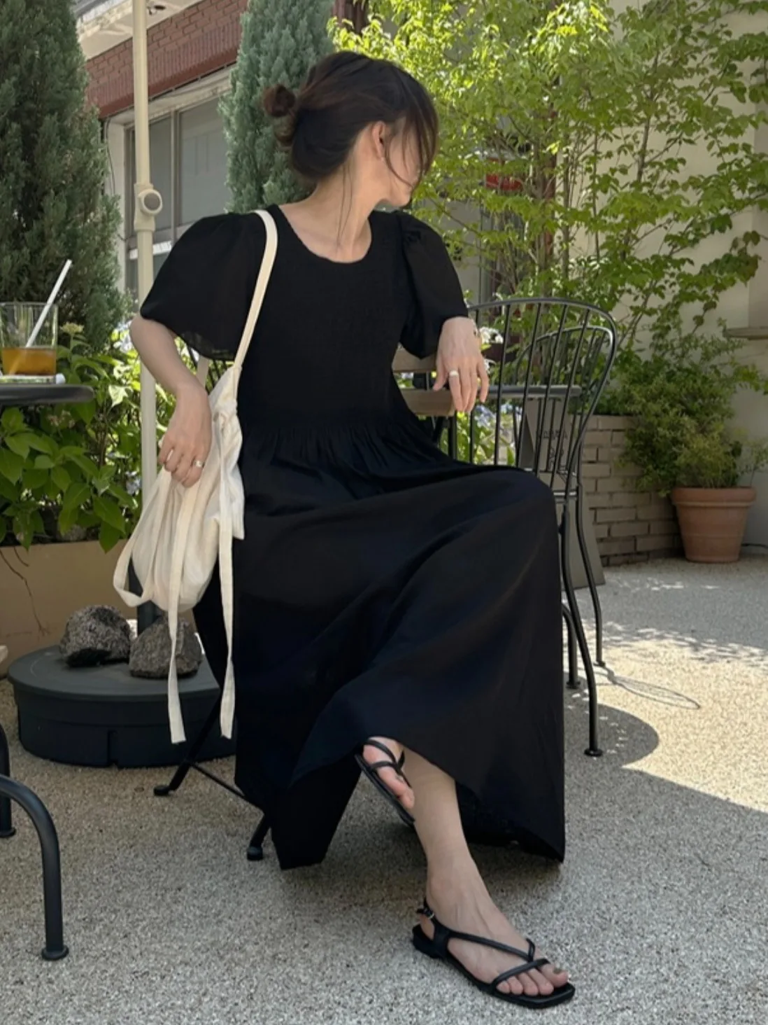 Retro semplice giuntura pieghettata ort Sve Dr donna estate nuova vita coreana cinching colore lungo Dr