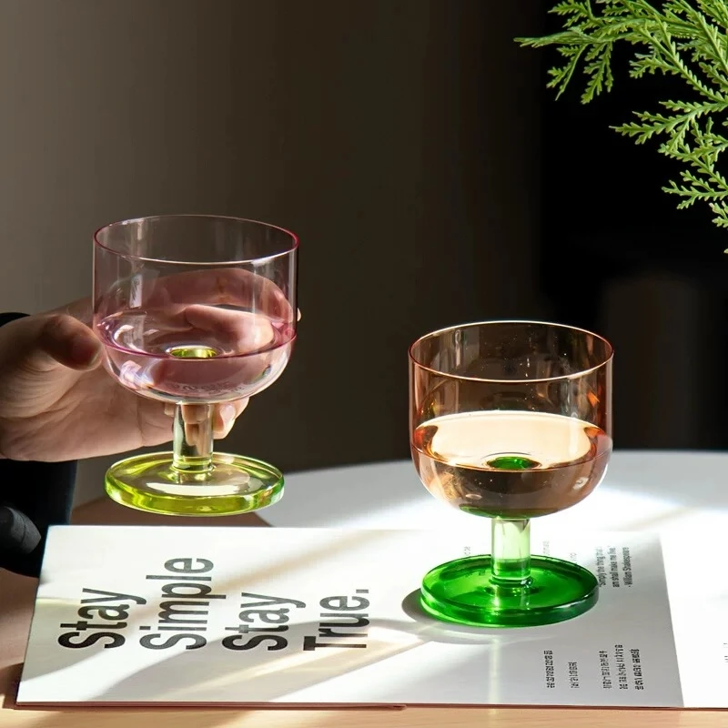 Ins Style Contrast Color Short Stem Cocktail Glass, Vintage Goblet Glassware, Aesthetic Whiskey Wine Cup, Summer Cold Drink Juic
