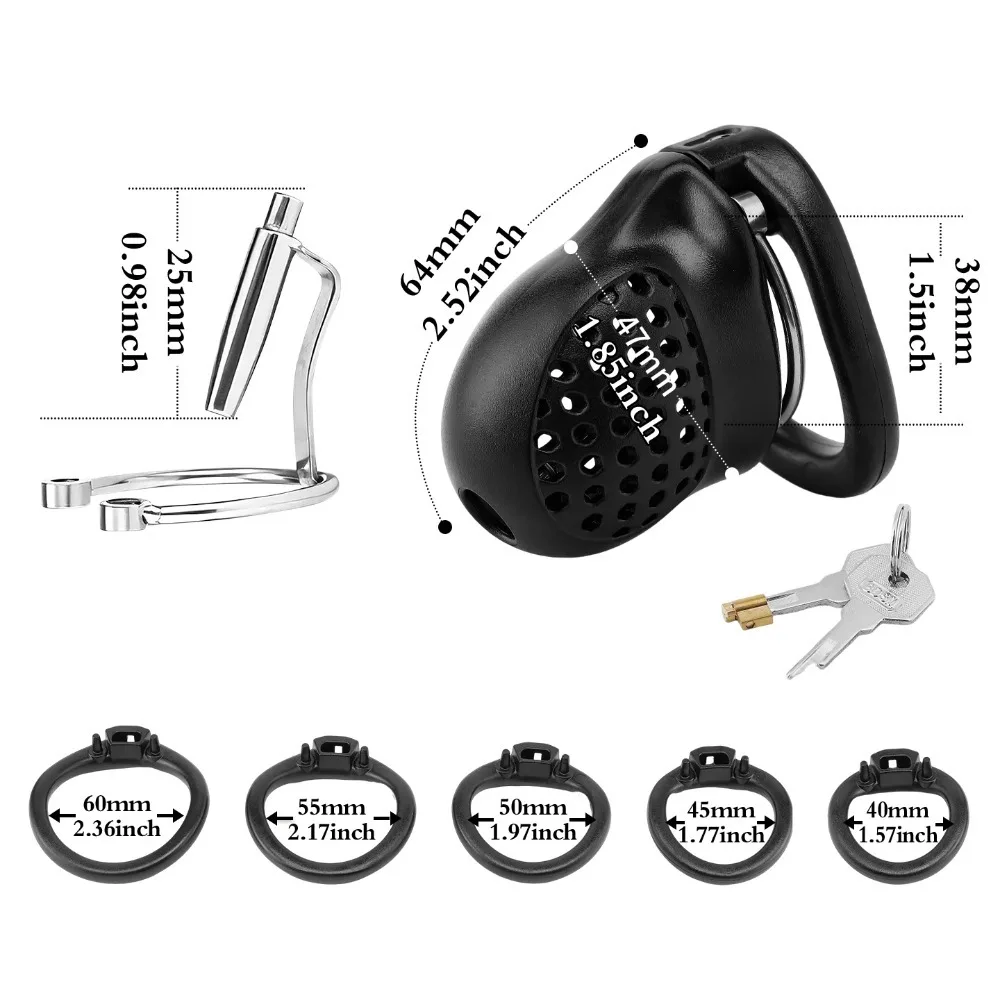 Male Chastity Cage with Lock and 5 Rings Resin Penis Lock for Men Breathable Cock Ring Penis Restrain Chastity Device Sex Toys
