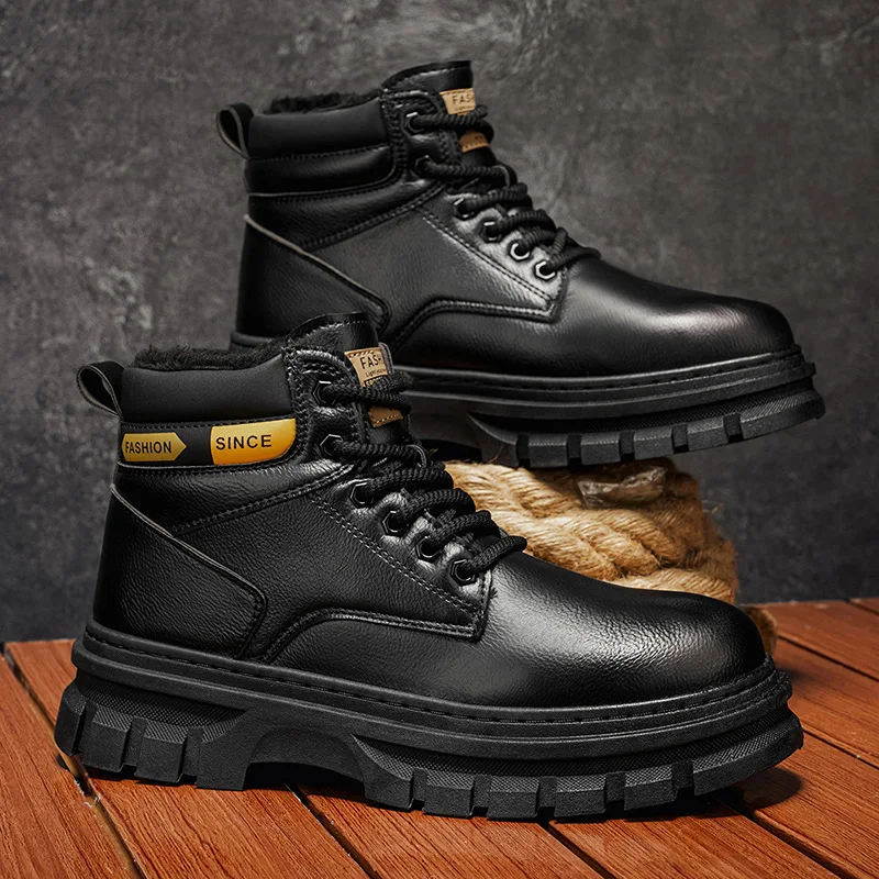 Men's High Top Snow Boots with Thick Fleece Anti-Slip Wear-Resistant Casual Leather Shoes Insulated Waterproof