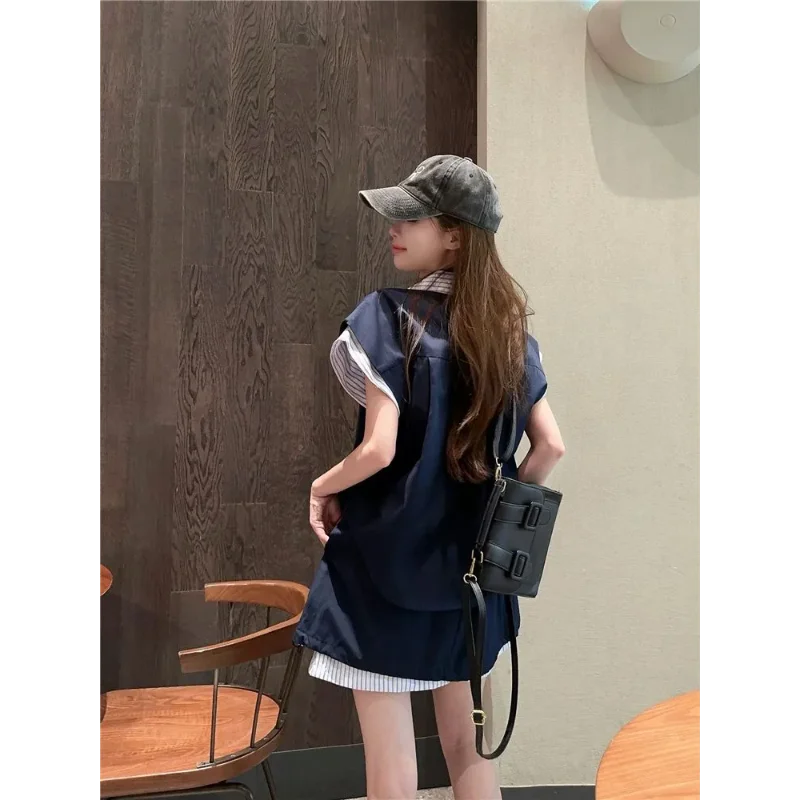 Gilet sans manches bleu marine pour femmes, chemise rayée, ensemble deux pièces, coupe ample, décontracté, Streetwear, tenue assortie