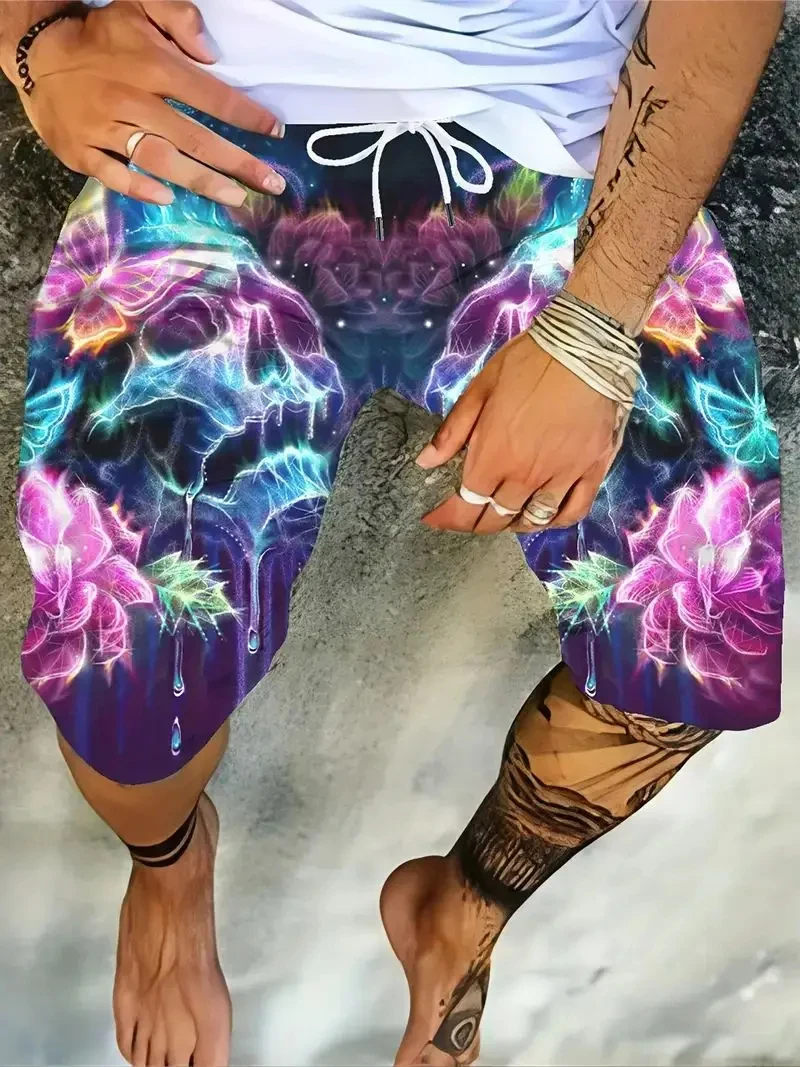 Herren 3D Schädel Print Shorts angepasst Polyester cool lässig bequem Urlaub Surfbrett Strand Sommer lose Mode Shorts