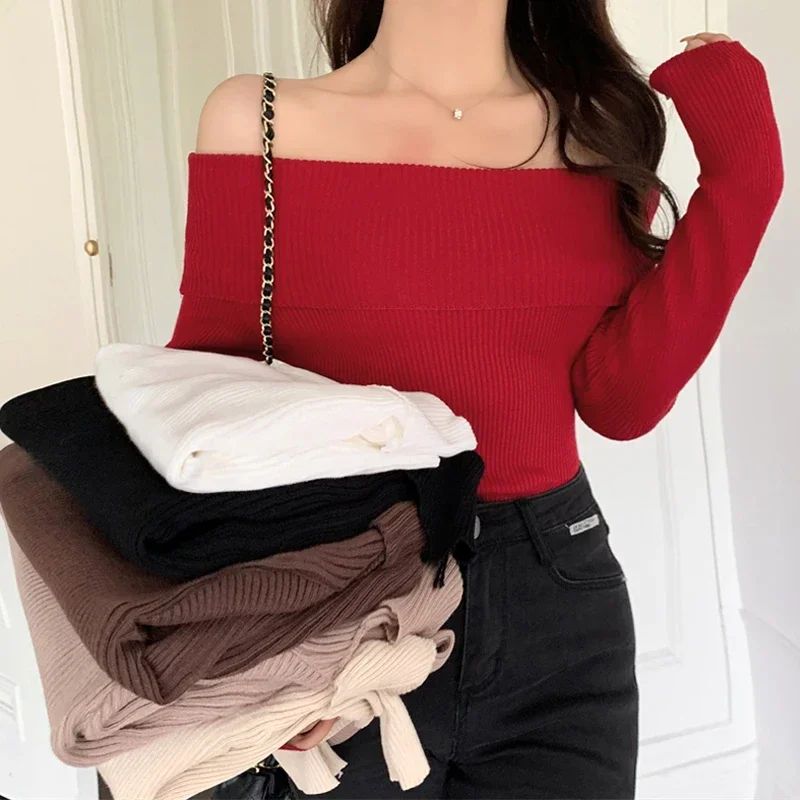 Elegant Long Sleeve Women Pullover Sweater 2023 Off The Shoulder Knitted Base Tops Jumper Autumn Casual Slim Fit Sweaters 29330