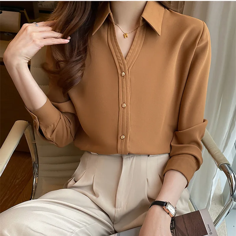 Korean Fashion Women Silk Shirts Satin Blouses Women Long Sleeve Shirts Tops Woman White Shirt Blouse Woman V-neck Ladies Shirt