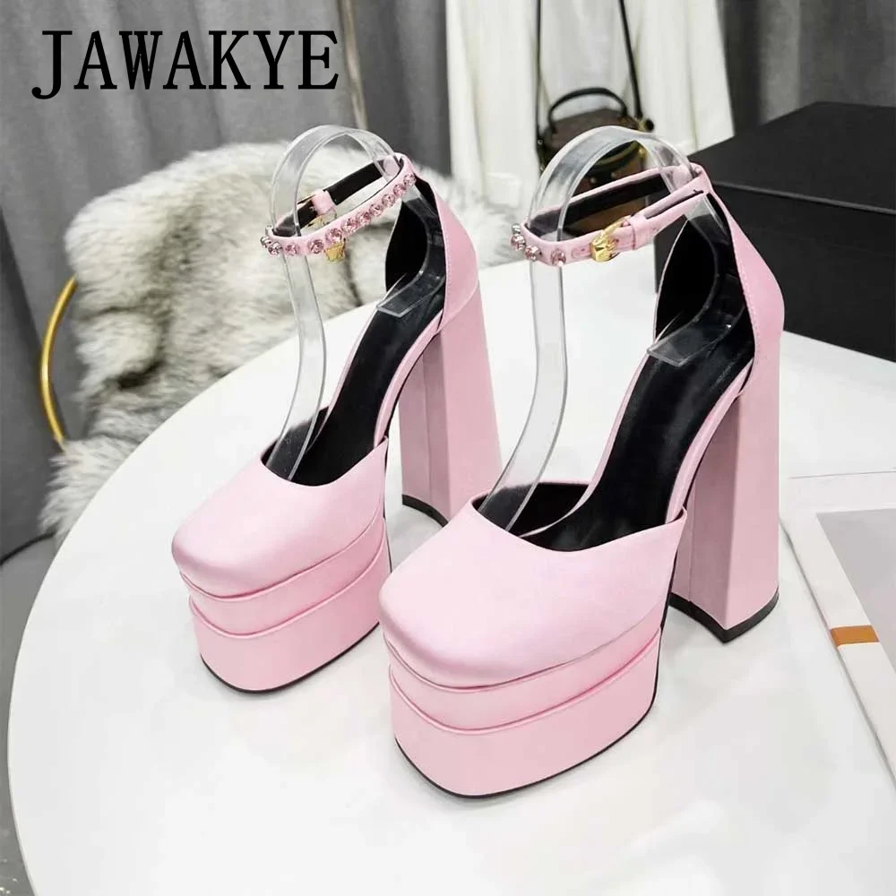 Elegant Women Mary Jane Shoes Satin Platform Super High Heel Party Shoes Square Toe Chunky Heel Crystal Women Wedding Shoes