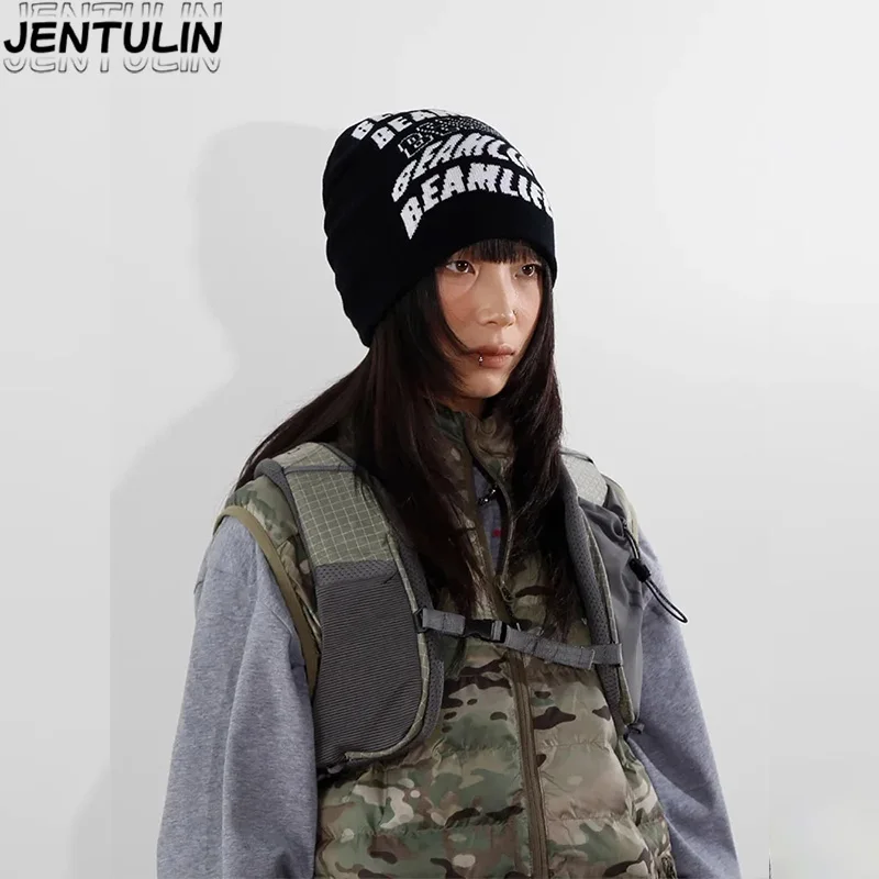 Chapéu feminino gorro de lã y2k malha carta hip hop jacquard streetwear inverno moda coreana pulôver jacquard unissex acessórios