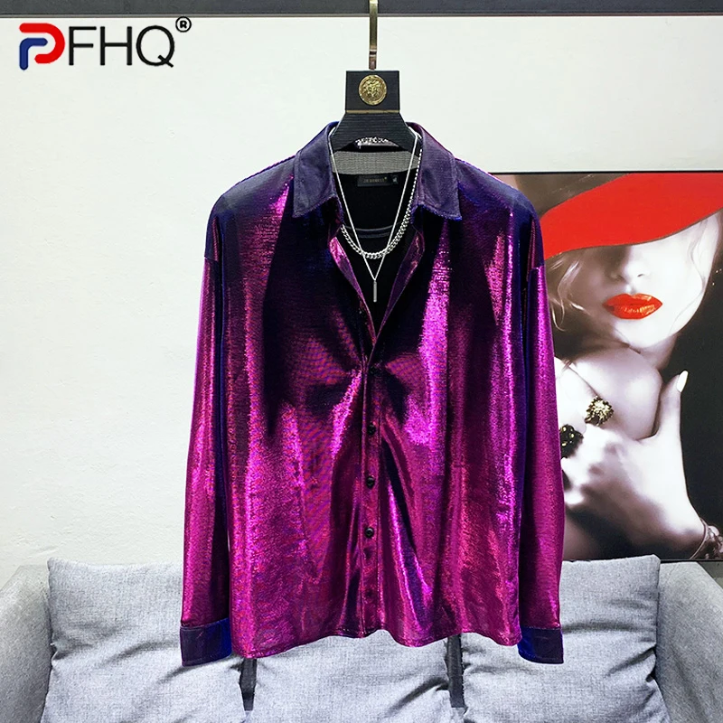 PFHQ Autumn Men\'s Bright Reflective Color Changing Shirts Cool Handsome Chemise Hommes De Luxe Temperament Creativity 21Z1292