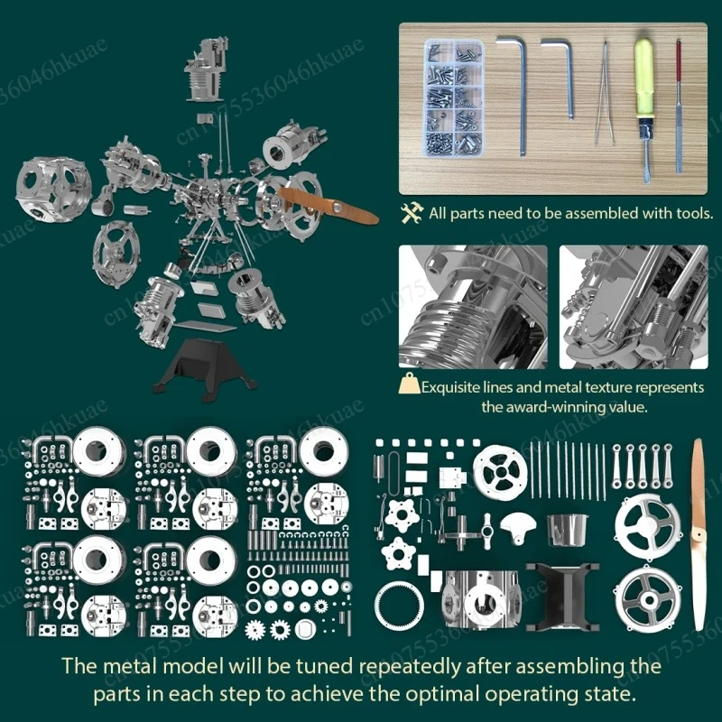 Premium 5-Cylinder Radial Engine Model, Full Metal Structure, Electric Simulation Aircraft Engine DIY Assembly Kit