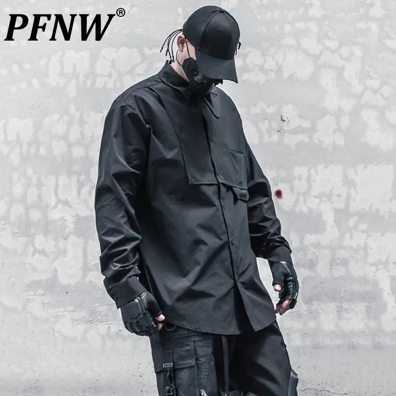 PFNW Deconstructed Design Darkwear Fake Two Pieces Spliced Long Sleeve Men's Shirt Trend Function Asymmetric Thick Shirts 12C412