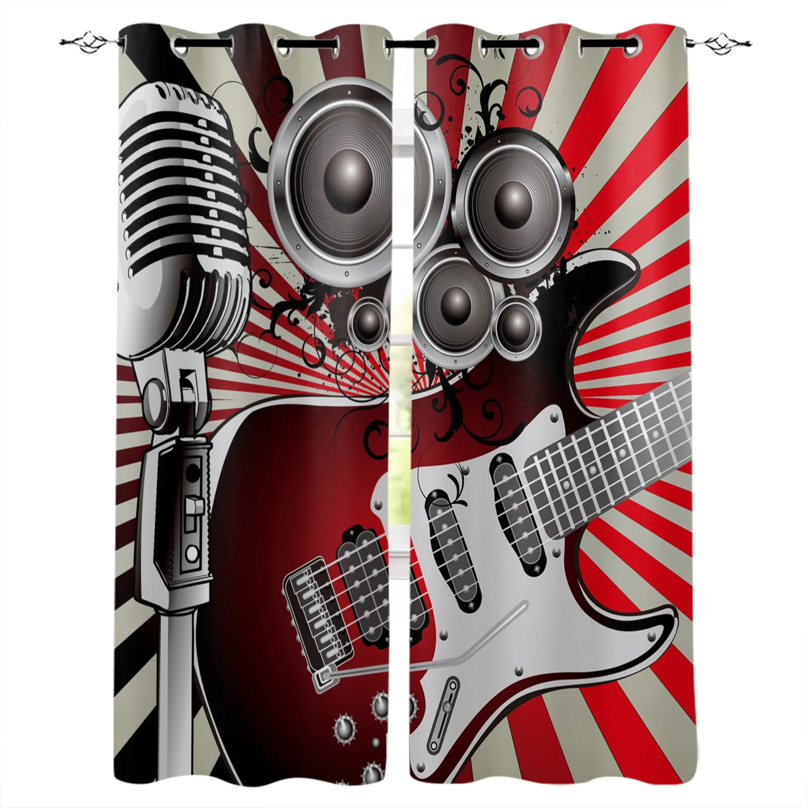 Guitar Microphone Notes Horn Retro Blackout Curtains Window Curtains for Bedroom Living Room Decor Window Treatments