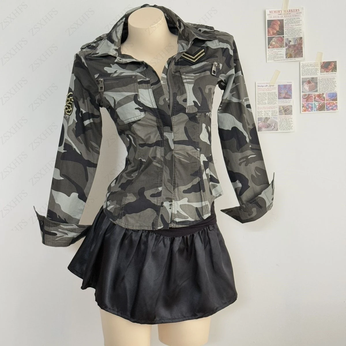 เสื้อเชิ้ตคาร์โก้ลายพรางสำหรับผู้หญิง แฟชั่นสตรีทสุดฮิต สไตล์เซ็กซี่ลำลอง ทรงเข้ารูป แขนยาว สไตล์อเมริกัน วินเทจ แคชชวล ยุค Y2K