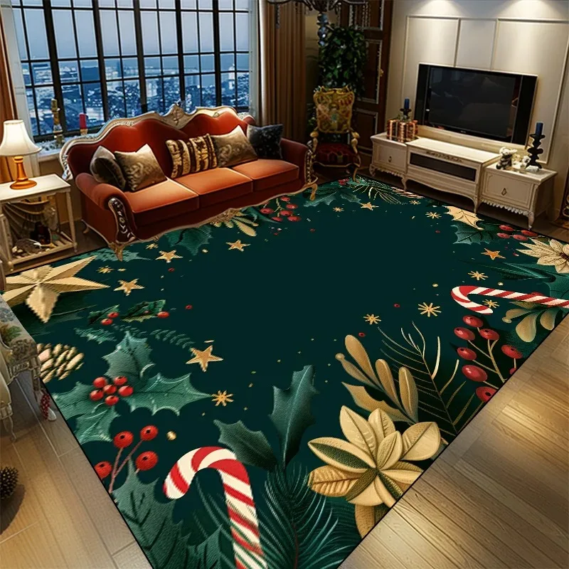Vintage Christmas Holiday Rug Dark Green Background Candy Cane Holly Berry Star Pattern Floor Carpet for Living Room Bedroom