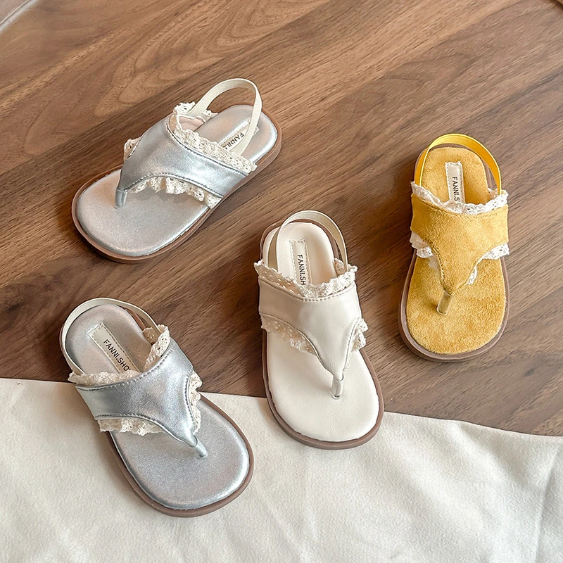 

Модные кружевные детские сандалии из искусственной кожи с оборками, лето 2023, милые стильные нескользящие сандалии на плоской подошве без шнуровки для девочек