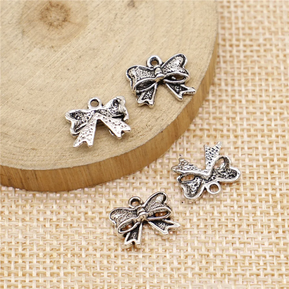 20Pcs/Lot Charms Bowknot Bow 11x10mm Antique Bronze Silver Color Pendants DIY Necklace Making Findings Handmade Tibetan Jewelry