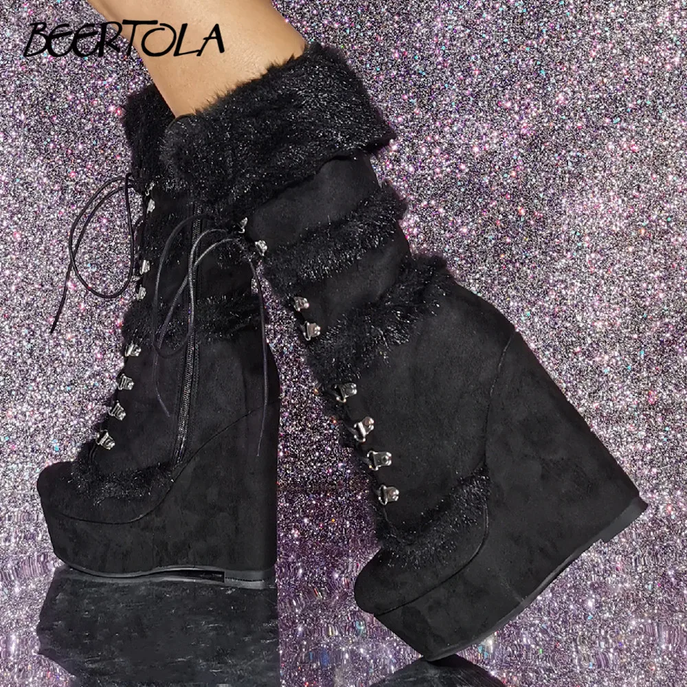 

Women's Black Suede Wedge Heel Boots High Platform Straps Side Zipper Winter Fleece Warm Large Size Snow Boots