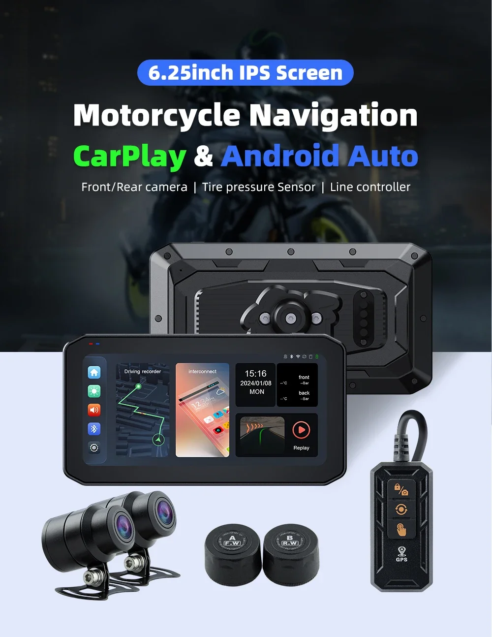 6.25\" HD Wireless CarPlay Screen for Motorbikes Android Auto with Two Cameras DVR Tire Pressure TMPS BSD-Motorcycle Accessories