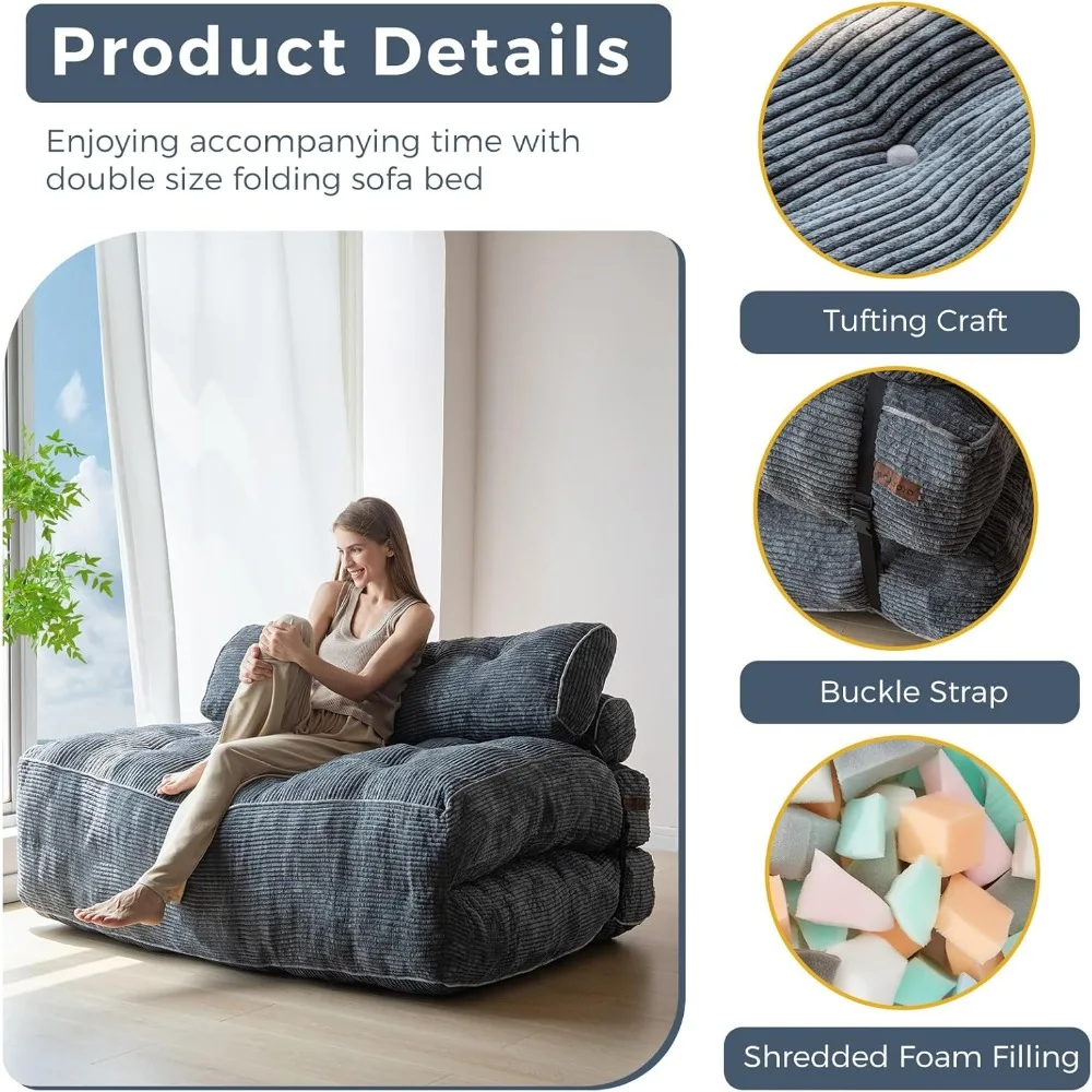 Sofá-cama conversível com travesseiro e suporte para as costas, cadeira-cama dobrável portátil