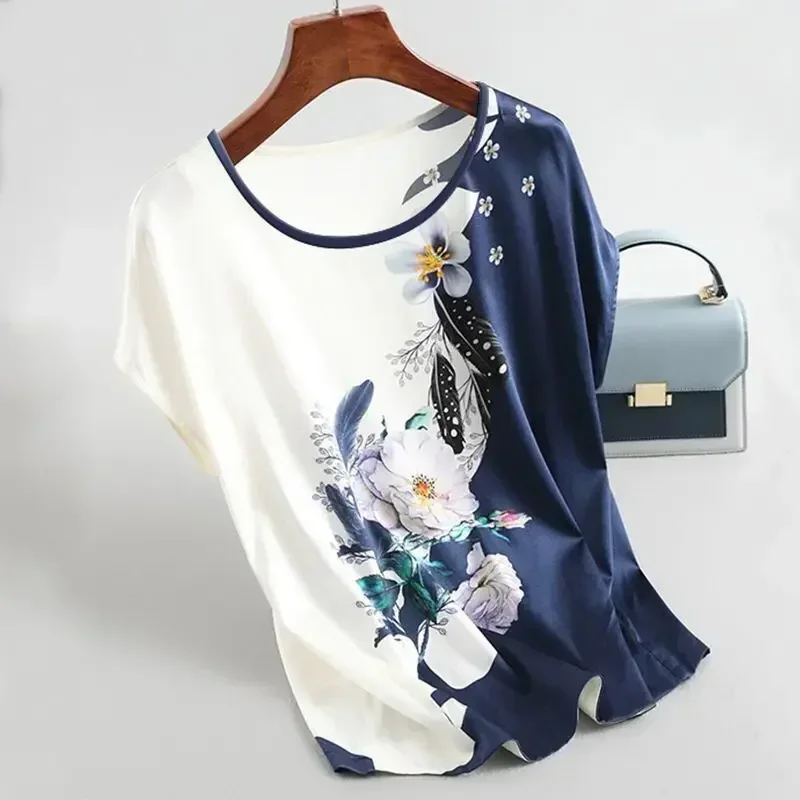 Print Floral Blouse Women Silk Satin Blouses Plus size Batwing sleeve Vintage Ladies Casual Short sleeve Tops