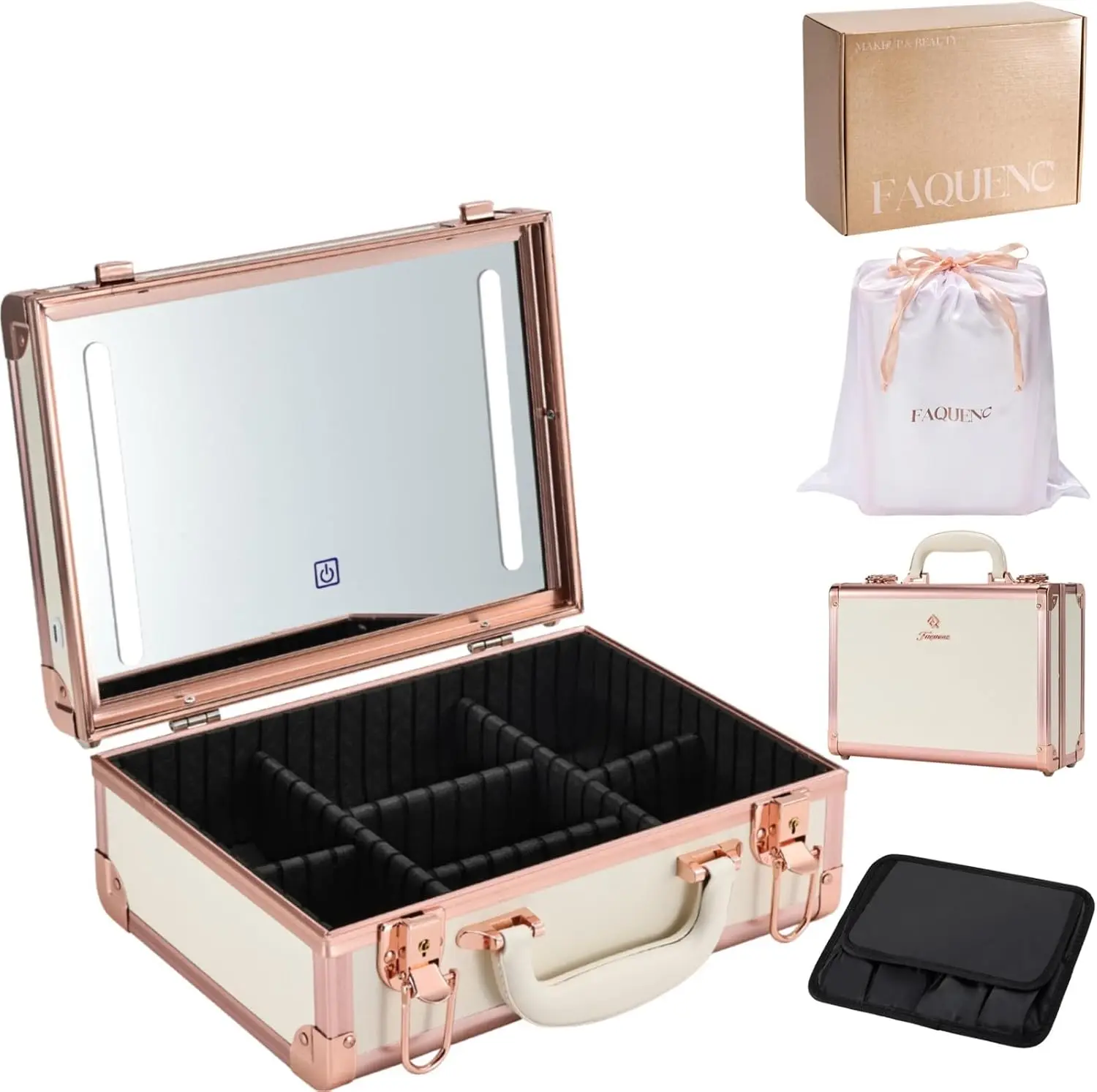 Travel Makeup Case With LED Mirror, Makeup Train Case，Portable Makeup Organizer Box with  Dividers, Makeup Brush Holder Storage