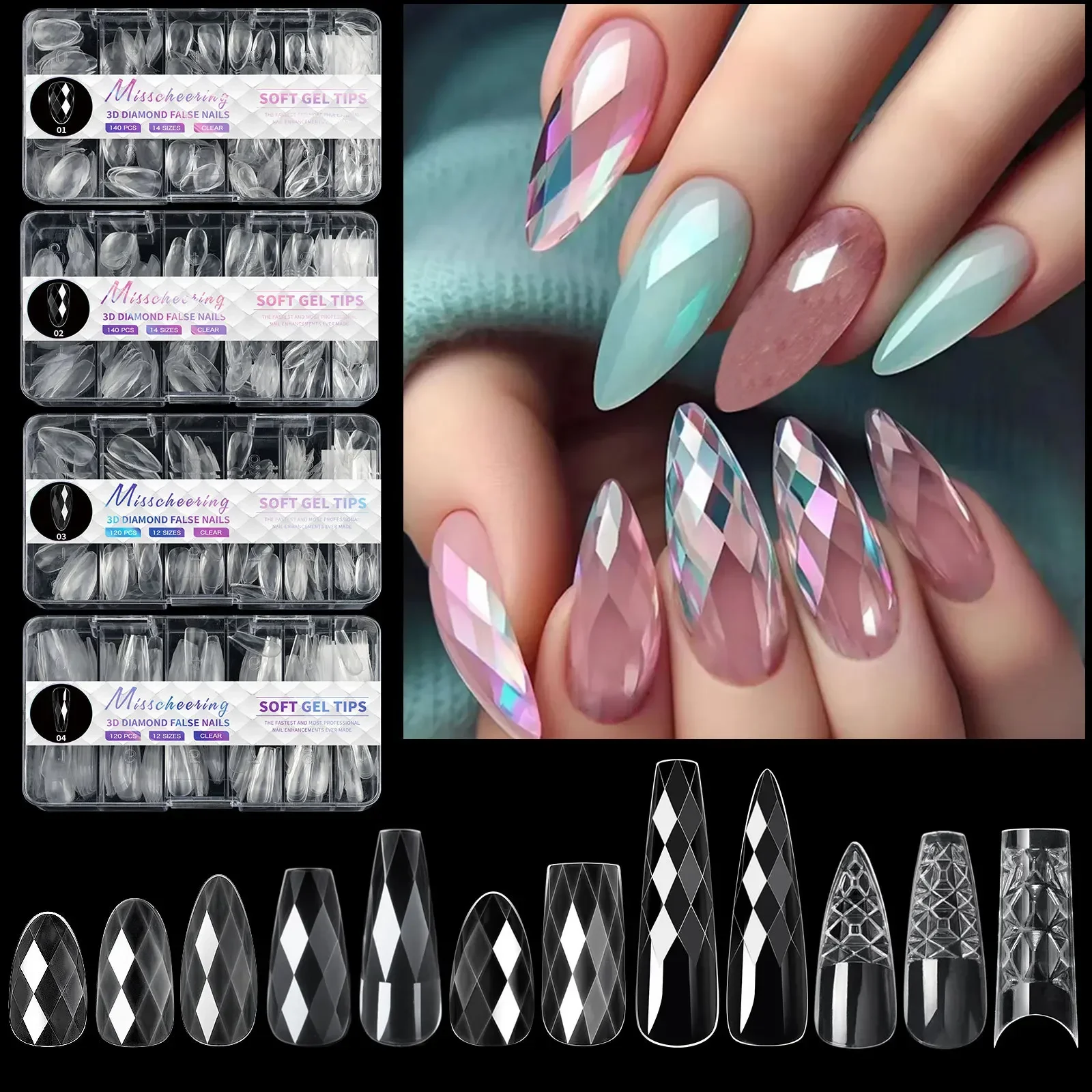 Buy in Bulk Pay One Shipping Fee Only 120/140Pcs 3D Diamond Almond Ballet Coffin False Nails Clear Acrylic Gel Fake Nail Tip DIY