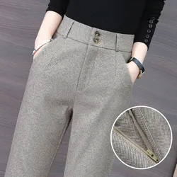 Pantalones de Traje de Lana para Mujer, Cintura Alta, Estilo Harlan, Otoño Invierno, Casuales, con Terciopelo, Largos
