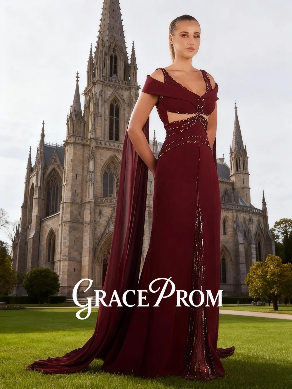

Burgundy Beaded Off-Shoulder Cape-Style Evening Gown With Cutout Details And Fringe Accents Floor-Length Formal Dress