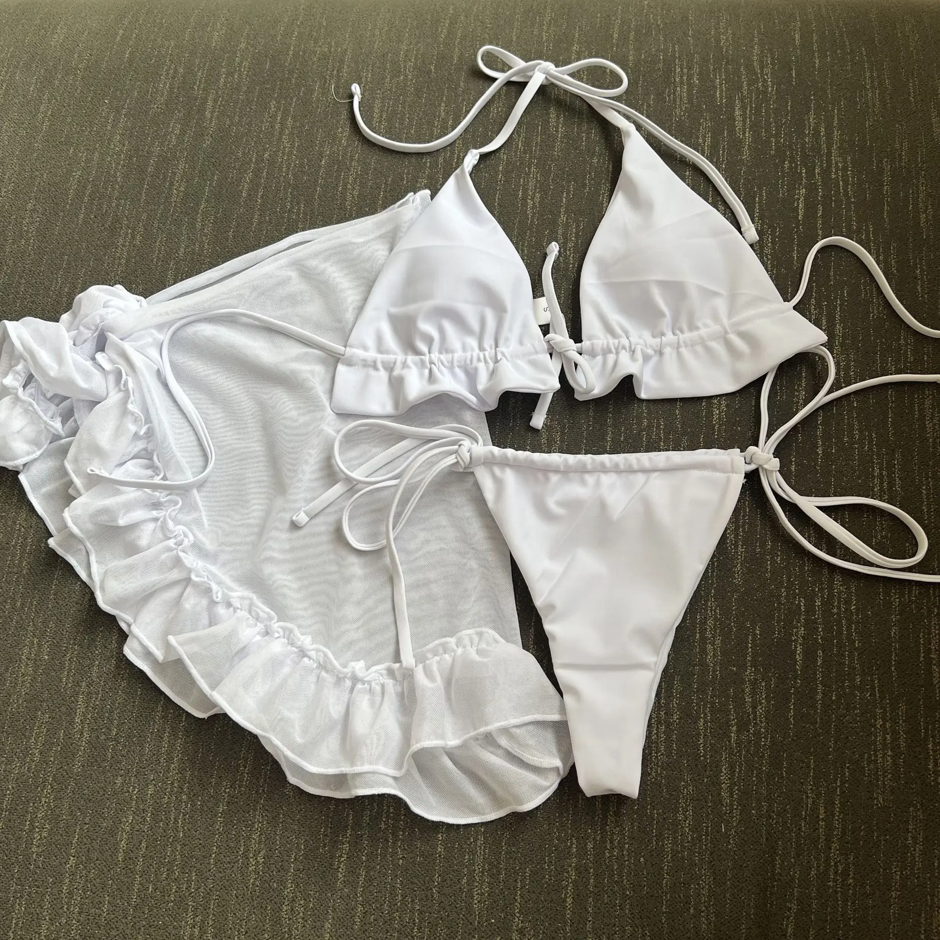 Sexy Mikro-Bikini-Sets mit Kordelzug, 3-teilig, mit Rüschen, Netzstoff-Abdeckung, Rock, Badeanzug, Badeanzug, Strand-Outfits, Biquini, Tankini
