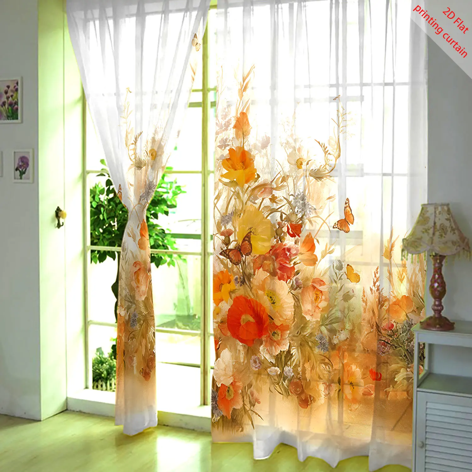 Flower and plant landscape printed transparent curtain, aesthetic window decoration, suitable for home, office, dormitory