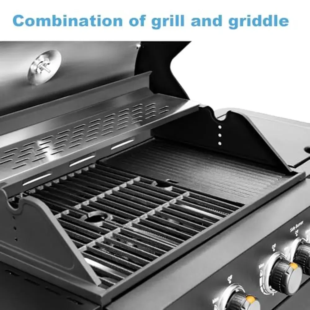 Porcelain-Enameled Cast Iron Grate 4-Burner Gas BBQ Grill with Side Burner 46,700 BTU Flat Top Barbecue Spacious Cooking Area &